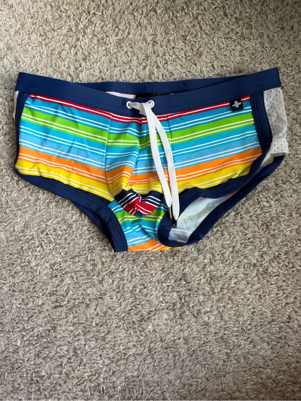 Men’s Andrew Christian Striped Swim Briefs with Navy Trim